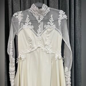 Vintage Christos Bridal Couture Wedding Gown Union Made Lace High Neck Boho FLAW